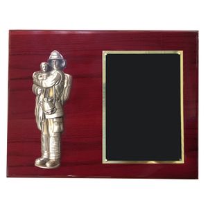 9 X 12 INCH FIRE FIGHTER HOLDING CHILD ON PIANO FINISH CHERRY PLAQUE