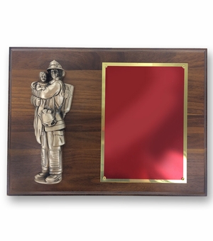 9 X 12 INCH FIRE FIGHTER HOLDING CHILD ON WALNUT VENEER PLAQUE