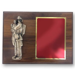 9 X 12 INCH FIRE FIGHTER HOLDING CHILD ON WALNUT VENEER PLAQUE