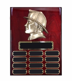 9 X 12 INCH FIREMAN'S HEAD PERPETUAL PLAQUE ON PIANO FINISHED CHERRY BOARD