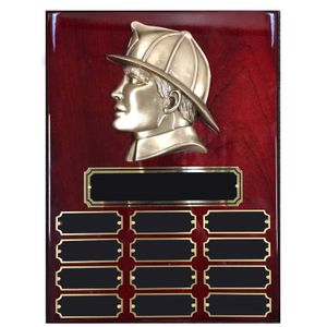 9 X 12 INCH FIREMAN'S HEAD PERPETUAL PLAQUE ON PIANO FINISHED CHERRY BOARD