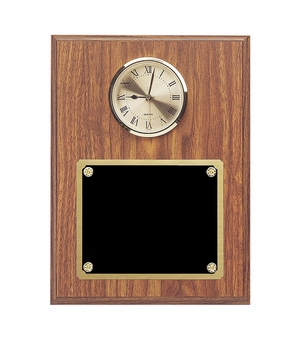 9 x 12 INCH GENUINE WALNUT CLOCK PLAQUE WITH GOLD CLOCK AND BLACK PLATE