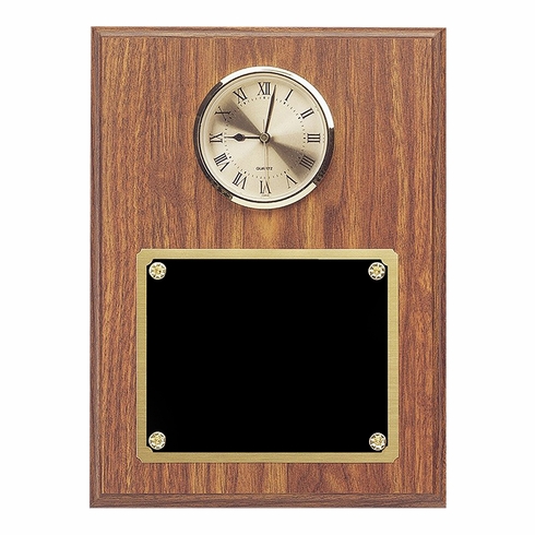 9 x 12 INCH GENUINE WALNUT CLOCK PLAQUE WITH GOLD CLOCK AND BLACK PLATE