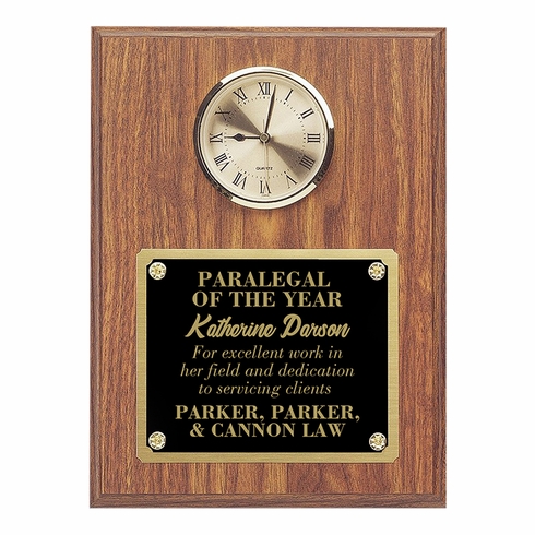 9 x 12 INCH GENUINE WALNUT CLOCK PLAQUE WITH GOLD CLOCK AND BLACK PLATE