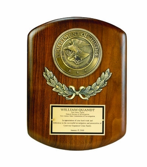 9 X 12 INCH GENUINE WALNUT DEPARTMENT OF JUSTICE PLAQUE WITH 4 INCH MEDALLION