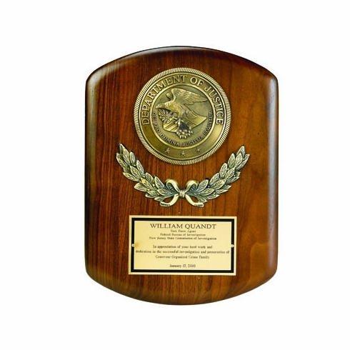 9 X 12 INCH GENUINE WALNUT DEPARTMENT OF JUSTICE PLAQUE WITH 4 INCH MEDALLION