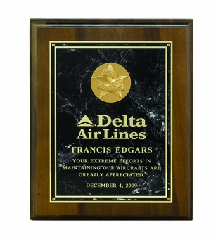 9 X 12 INCH GENUINE WALNUT FINISH PLAQUE, TAKES 2 INCH INSERT - MULTIPLE PLATE COLOR OPTIONS