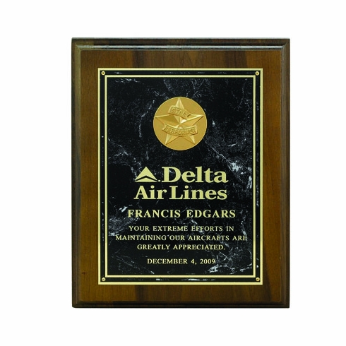 9 X 12 INCH GENUINE WALNUT FINISH PLAQUE, TAKES 2 INCH INSERT - MULTIPLE PLATE COLOR OPTIONS