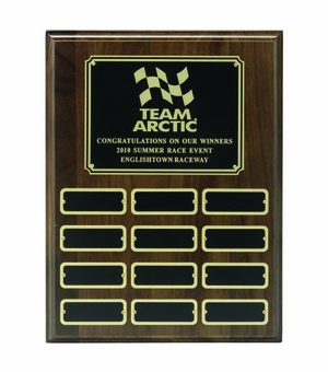 9 X 12 INCH GENUINE WALNUT MULTIPLE PLATE PLAQUE WITH 12 BLACK SCREENED PLATES