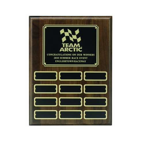 9 X 12 INCH GENUINE WALNUT MULTIPLE PLATE PLAQUE WITH 12 BLACK SCREENED PLATES