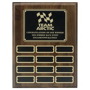 9 X 12 INCH GENUINE WALNUT MULTIPLE PLATE PLAQUE WITH 12 BLACK SCREENED PLATES
