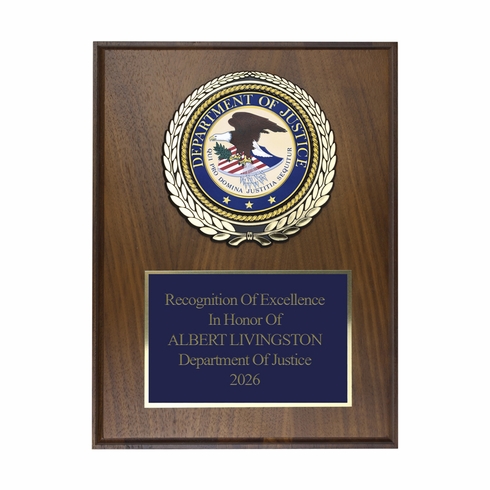 9 x 12 Inch Genuine Walnut Plaque with 4 Inch Department Of Justice Medallion Insert 