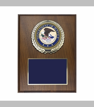 9 x 12 Inch Genuine Walnut Plaque with 4 Inch Department Of Justice Medallion Insert 
