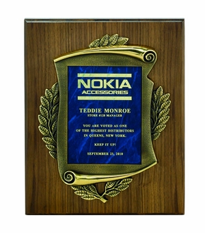 9 X 12 INCH GENUINE WALNUT PLAQUE WITH CAST ANTIQUE BRASS FRAME - MULTIPLE PLATE COLORS