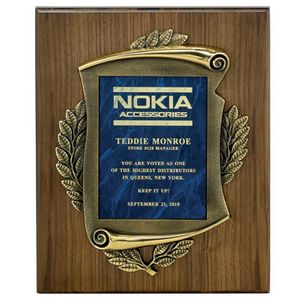 9 X 12 INCH GENUINE WALNUT PLAQUE WITH CAST ANTIQUE BRASS FRAME - MULTIPLE PLATE COLORS