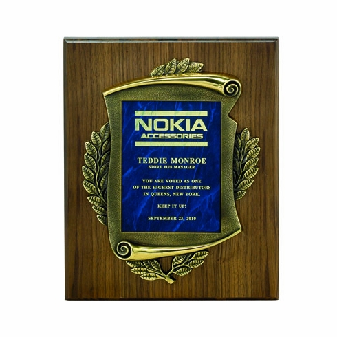 9 X 12 INCH GENUINE WALNUT PLAQUE WITH CAST ANTIQUE BRASS FRAME - MULTIPLE PLATE COLORS