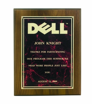 9 X 12 INCH GENUINE WALNUT PLAQUE  WITH MARBLEIZED SCREENED PLATE - COLOR OPTIONS