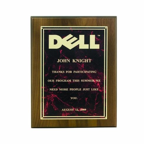 9 X 12 INCH GENUINE WALNUT PLAQUE  WITH MARBLEIZED SCREENED PLATE - COLOR OPTIONS