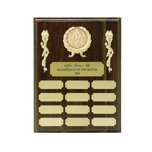 9 X 12 INCH MULTIPLE PLATE WALNUT FINISH PLAQUE WITH 12 GOLD PLATES, TAKES 2 INCH MEDALLION INSERT