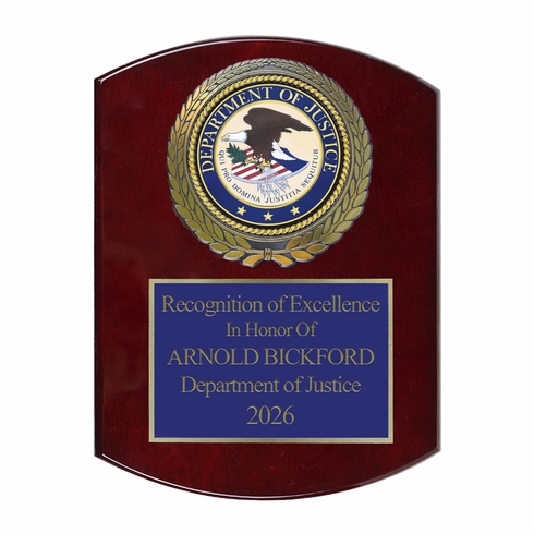 9 x 12 Inch Piano Finish Rose Wood Plaque With 4 Inch Department of Justice Medallion Insert