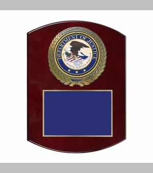 9 x 12 Inch Piano Finish Rose Wood Plaque With 4 Inch Department of Justice Medallion Insert