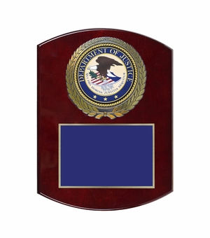 9 x 12 Inch Piano Finish Rose Wood Plaque With 4 Inch Department of Justice Medallion Insert