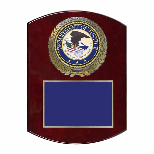 9 x 12 Inch Piano Finish Rose Wood Plaque With 4 Inch Department of Justice Medallion Insert