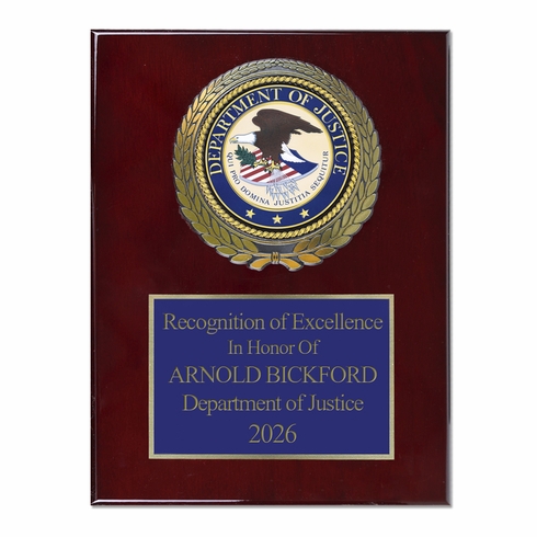 9 x 12 Inch Piano Finish Rose Wood Plaque With 4 Inch Department of Justice Medallion Insert