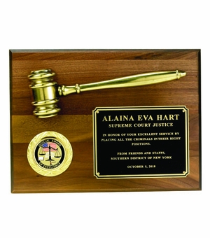 9 X 12 INCH PLAQUE GENUINE WALNUT FINISH, METAL GAVEL, HOLDS 2 INCH INSERT