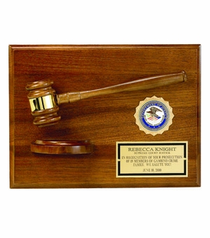 9 X 12 INCH PLAQUE GENUINE WALNUT FINISH WITH GAVEL AND BLOCK, HOLDS 2 INCH INSERT