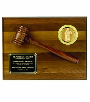 9 X 12 INCH PLAQUE GENUINE WALNUT FINISH WITH GAVEL, HOLDS 2 INCH INSERT