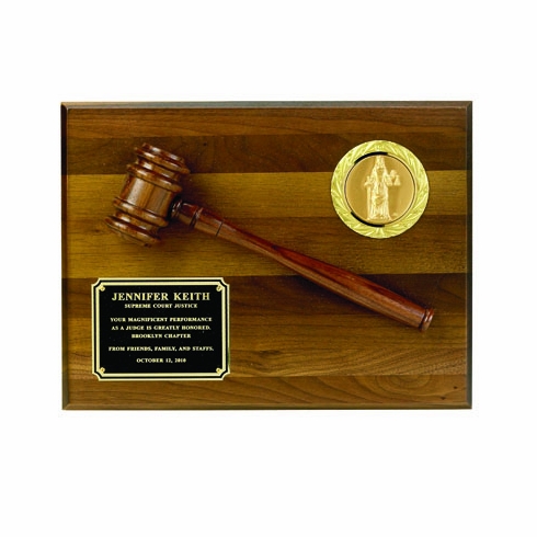 9 X 12 INCH PLAQUE GENUINE WALNUT FINISH WITH GAVEL, HOLDS 2 INCH INSERT
