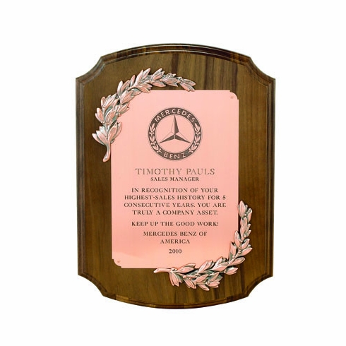 9 X 12 INCH PLAQUE GENUINE WALNUT WITH BRONZE WREATHS