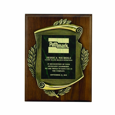 9 X 12 INCH PLAQUE GENUINE WALNUT WITH CAST ANTIQUE BRASS FRAME - MULTIPLE PLATE COLORS