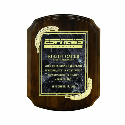 9 X 12 INCH PLAQUE GENUINE WALNUT WITH WREATH CASTINGS - MULTIPLE PLATE COLORS