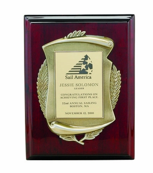 9 X 12 INCH PLAQUE ROSEWOOD PIANO FINISH WITH ANTIQUE BRASS STAMPED FRAME - MULTIPLE PLATE COLORS