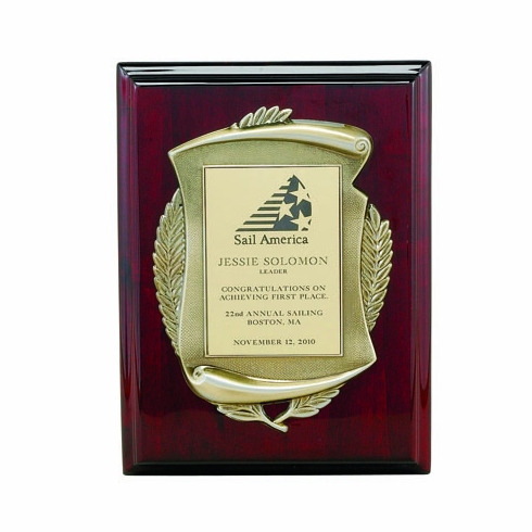 9 X 12 INCH PLAQUE ROSEWOOD PIANO FINISH WITH ANTIQUE BRASS STAMPED FRAME - MULTIPLE PLATE COLORS