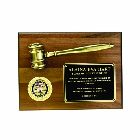9 X 12 INCH PLAQUE WALNUT FINISH WITH METAL GAVEL, HOLDS 2 INCH INSERT