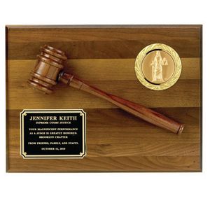 9 X 12 INCH PLAQUE WALNUT FINISH WITH WALNUT GAVEL, HOLDS 2 INCH INSERT