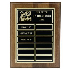 9 X 12 INCH WALNUT FINISH PLAQUE WITH 7 X 10 INCH SINGLE SCREENED PLATE WITH 12 ENGRAVING SPACES