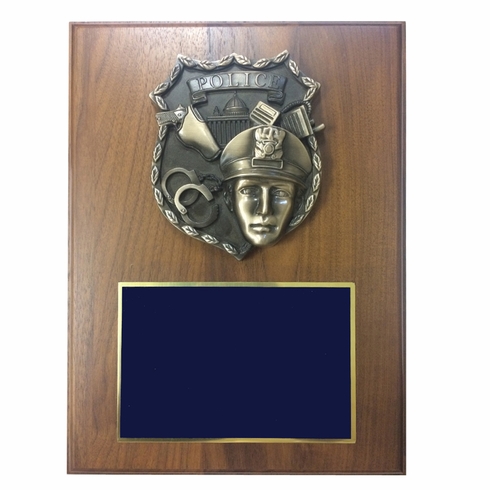 9 X 12 INCH POLICE SHIELD PLAQUE ON WALNUT VENEER BOARD