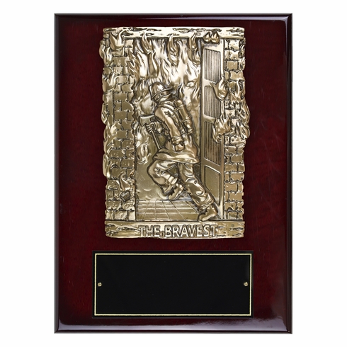 9 x 12 Inch Rosewood Piano Finish Fire Fighter Plaque With Electroplated Brass Plaque Mount And Black Screened Plate