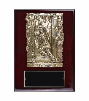 9 x 12 Inch Rosewood Piano Finish Fire Fighter Plaque With Electroplated Brass Plaque Mount And Black Screened Plate