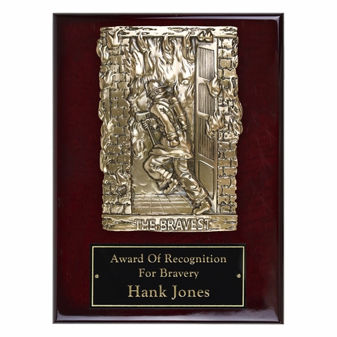 9 x 12 Inch Rosewood Piano Finish Fire Fighter Plaque With Electroplated Brass Plaque Mount And Black Screened Plate