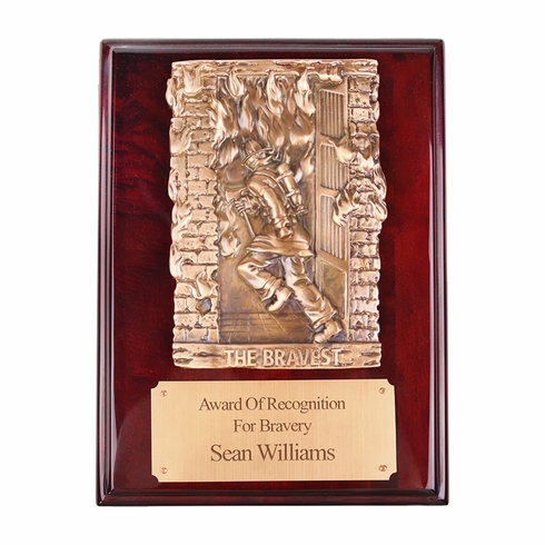 9 x 12 Inch Rosewood Piano Finish Fire Fighter Plaque With Electroplated Bronze Plaque Mount And Copper Plate
