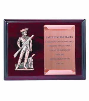 9 X 12 INCH ROSEWOOD PIANO FINISH MINUTEMAN PLAQUE WITH COPPER SCROLL PLATE