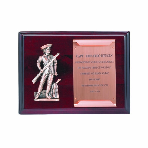 9 X 12 INCH ROSEWOOD PIANO FINISH MINUTEMAN PLAQUE WITH COPPER SCROLL PLATE