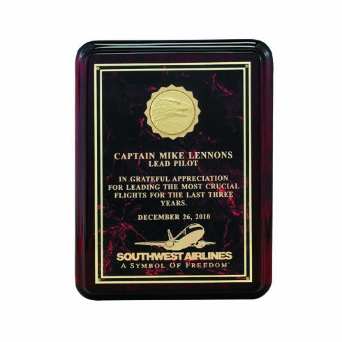 9 X 12 INCH ROSEWOOD PLAQUE WITH BURGUNDY PLATE TAKES INSERT