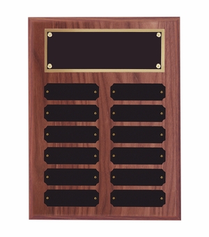 9 x 12 INCH WALNUT FINISH PERPETUAL PLAQUE WITH BLACK AND GOLD HEADER PLATE-12 NAME PLATES
