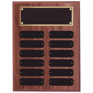 9 x 12 INCH WALNUT FINISH PERPETUAL PLAQUE WITH BLACK AND GOLD HEADER PLATE-12 NAME PLATES